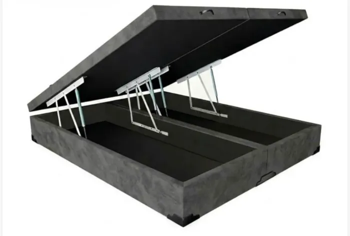 Cama Box Baú Casal Bipartido 138x188x42cm Courino Linho Cinza com Pistão a Gás