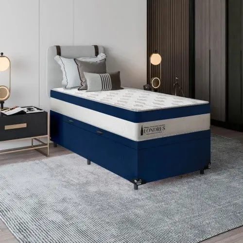 Cama Box Baú Solteiro + Colchão Molas Ensacadas (Azul) - Leia a Descrição
