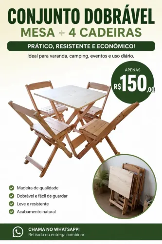 Mesa Dobrável de Madeira com 4 Cadeiras