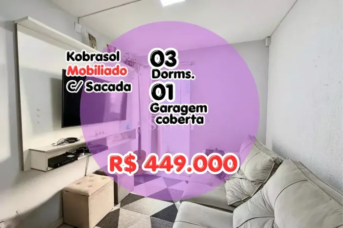Apartamento mobiliado | 3 dormitórios | Sacada | Garagem | R$ 449.000 | Kobrasol