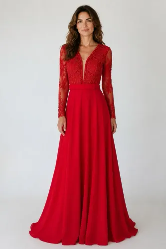 Vestido Longo Vermelho Renda Manga Longa