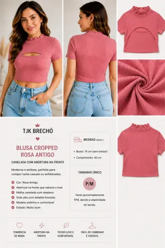 Blusa Cropped Rosa Antigo Canelada com Recorte | Tam Único (P/M)