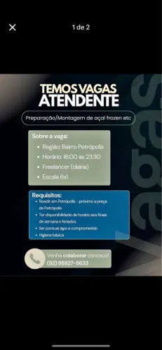 Vaga em acaiteria - montar e preparar açaí etc