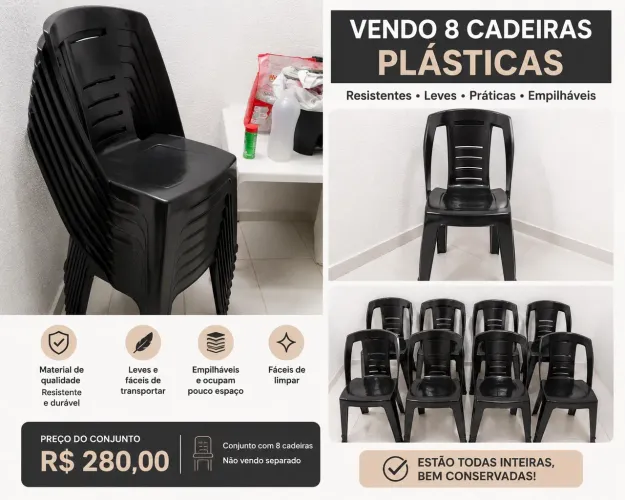 VENDO 8 CADEIRAS PLÁSTICAS PRETAS
