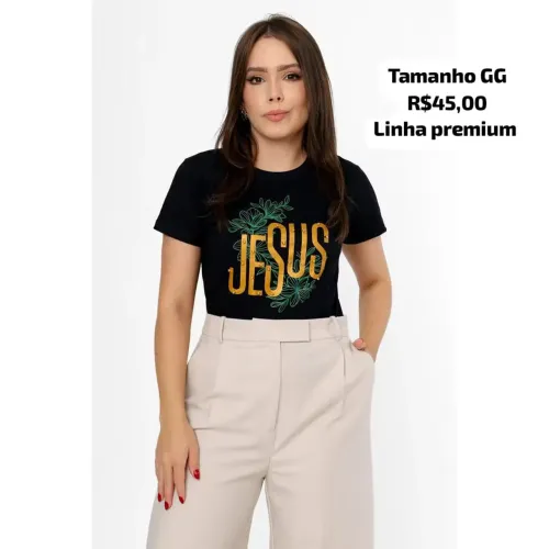 Blusa Feminina Estilosa Cristã Jesus Folhas Pérolas Blusa de Algodão