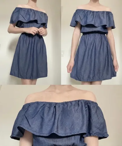 Vestido jeans de algodão ombro a ombro acinturado manga ciganinha camponesa (16 anos)