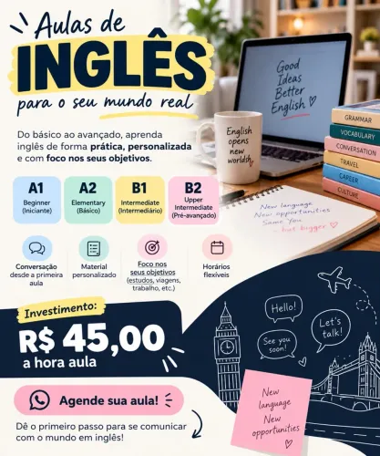 Aulas de inglês on-line a partir de R$45,00 hora aula