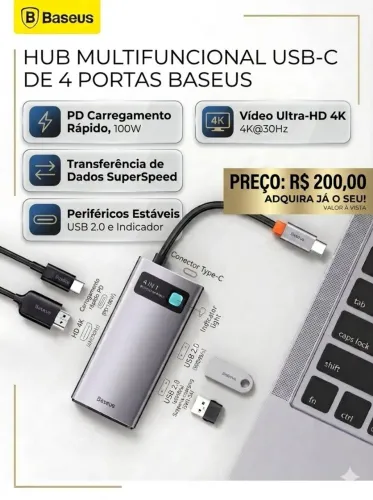 Hub Usb C 4 Portas Ideal Para MAC Baseus (Original e Lacrado)