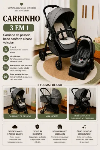 Carrinho e bebê conforto com a base inclusa