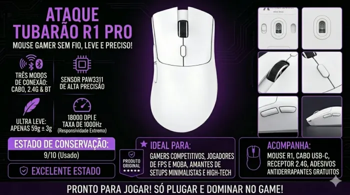 Mouse Gamer Sem Fio Attack Shark R1 