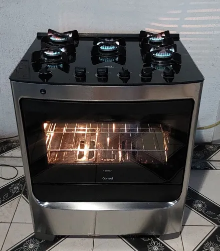 Lindo moderno fogão cônsul inox com mesa de vidro com super chama automático 
