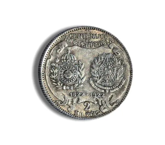 Moeda de 2000 Réis Bras - MBC. 50% Prata. Ano 1922 - D PEDRO I 