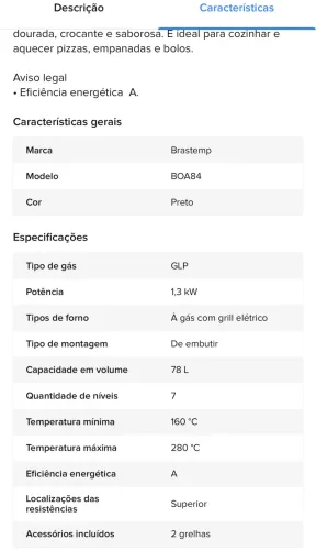 Forno Brastemp à gás e função gratinar à energia.