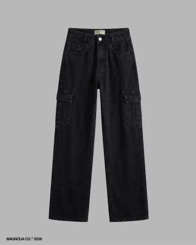 calça wide cargo preta