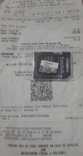 Cartão de memória 128Gb San Disk original c/ nota.