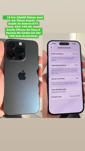 iPhone 15 Pro 256GB Titânio Azul ( Saúde Da Bateria 87% ) Usado