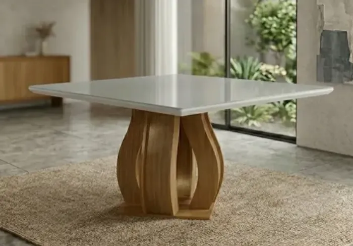 Mesa de Jantar Tampa de vidro off White 8 lugares