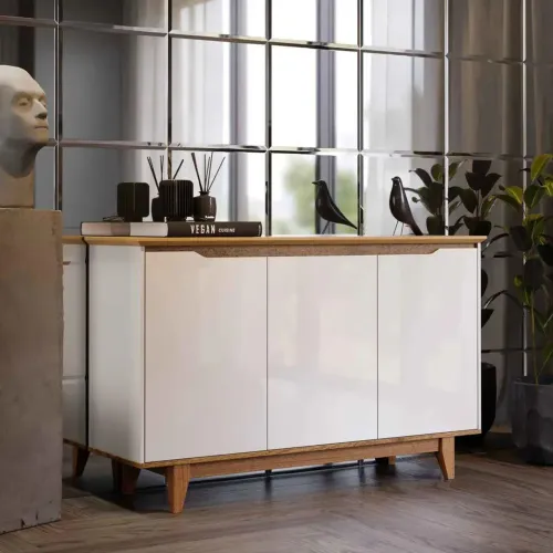 Aparador Buffet Flow 3 Portas com Pés de Madeira Off White com Freijó<br>