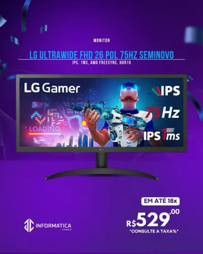 MONITOR LG ULTRAWIDE FHD 26 POL 75HZ SEMINOVO