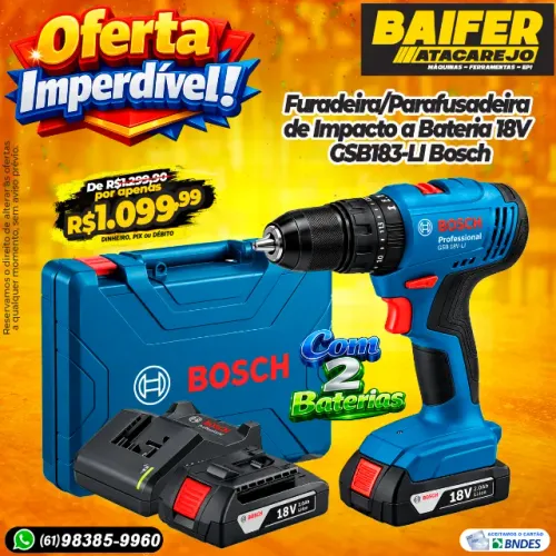 Furadeira/Parafusadeira de Impacto Com 2 Baterias 18V GSB183-LI Bosch