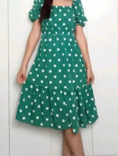 Vestido Midi Verde Poá Branco - Manga Bufante Crepinho-Tamanho P
