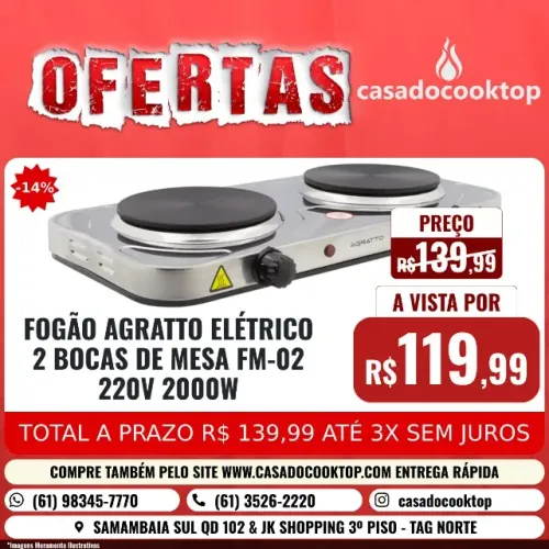 Fogão Elétrico 2 Bocas de Mesa Agratto FM-02 220V 2000W