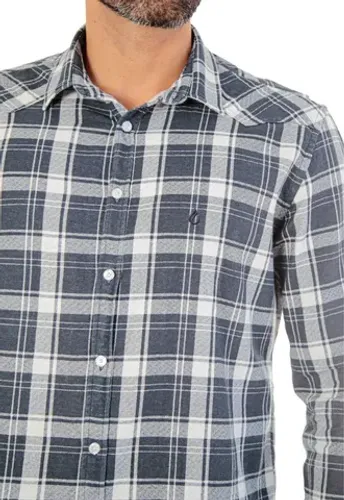 Camisa Xadrez Masculina Manga Longa Modelagem Slim Azul/Branco