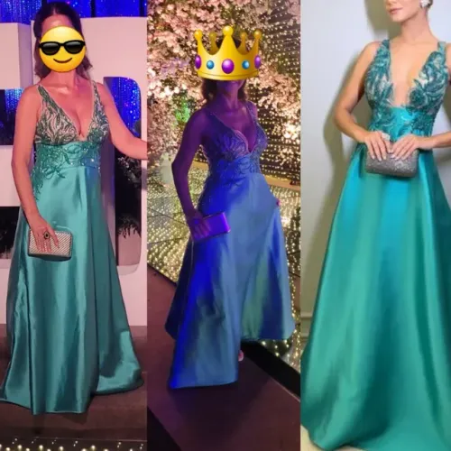 Vestido de festa bordado pedrarias verde / azul tiffany em zibeline