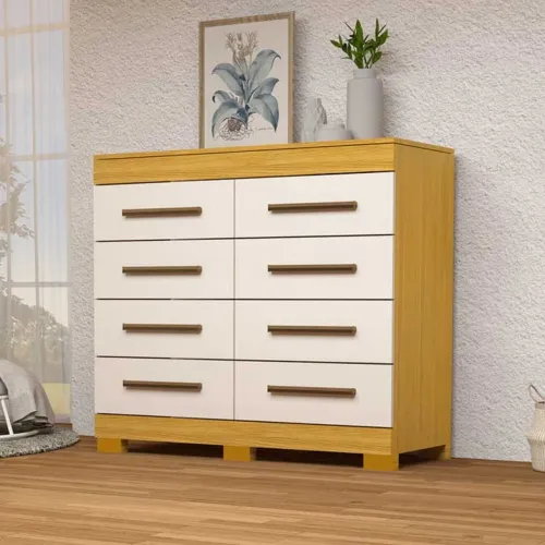 Cômoda 100% MDF com 8 Gavetas Larg. 1.11m Nature/Off White rf54