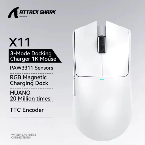 Mouse Gamer Attack Shark X11 "BRANCO" - 3 Modos de Conexão - RGB - 20 Milhões de Cliques