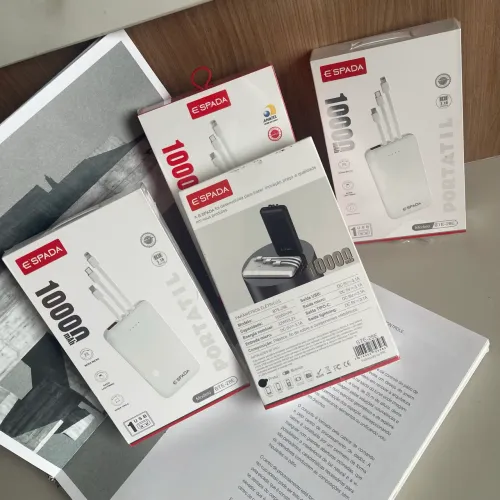 Carregador Portatil Power Bank ESPADA 10000mAh Cabos Embutidos Tipo C Lightning 