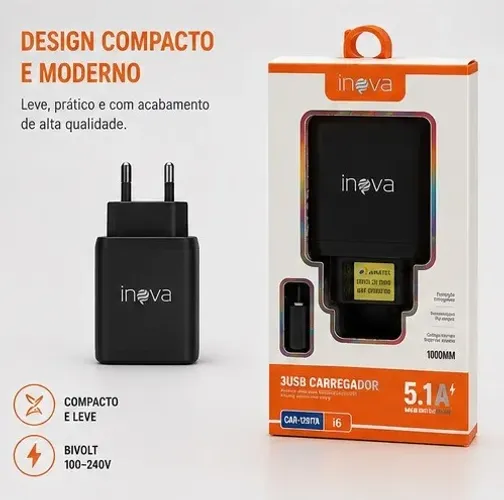 Carregador Turbo Inova 5.1A 3 USB Com Cabo Micro USB 1 Metro Preto Bivolt CAR-12817A