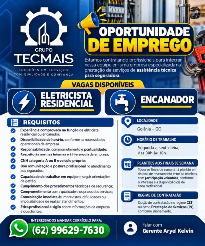 Vagas para eletricista residencial e encanador