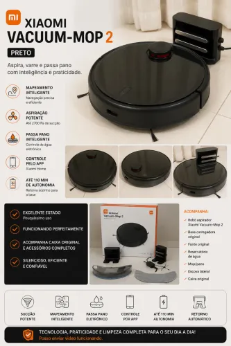 Robô Aspirador Xiaomi Vacuum-Mop 2 Preto Com Mapeamento e Passa Pano