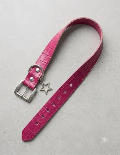 Coleira Rosa Pet Estilo Couro Sintético Croco Com Pingente Estrela