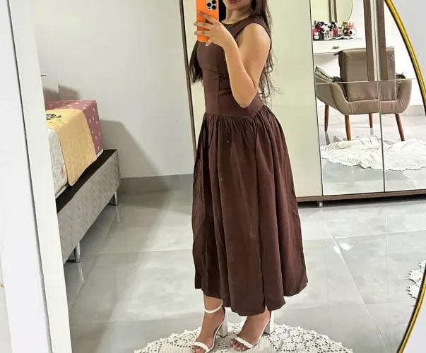 Vestido Marrom Café Midi Elegante Feminino