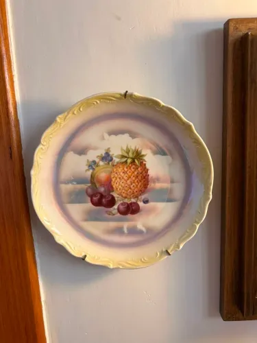 Par Pratos Parede Porcelana Fina Frutas Furta-cor Suporte 19cm