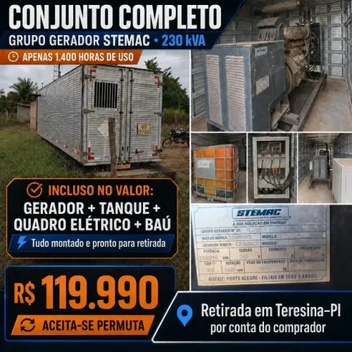 Grupo Gerador Stemac 230 kVA Cummins, 1.400h, com Baú, Tanque e Quadro Elétrico