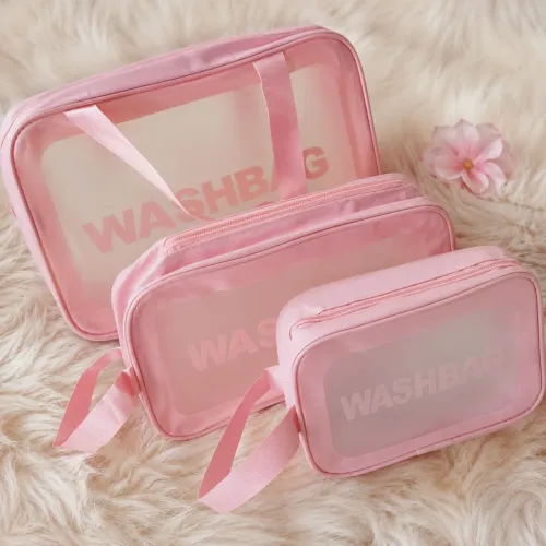 Kit Necessaire Transparente Rosa 3 Peças Organizador Maquiagem Viagem Feminino
