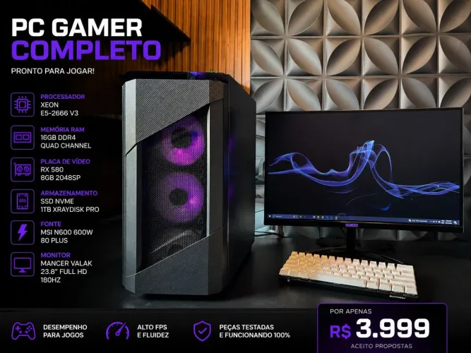 Pc gamer desktop+ monitor curvo 180hz