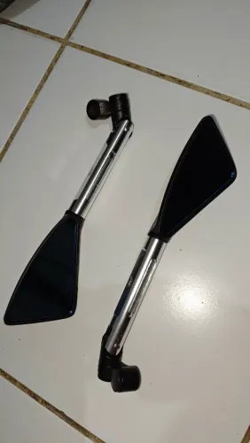 Par Retrovisor Esportivo Tomok 3 Pontas Moto Universal Preto Com Haste Prata