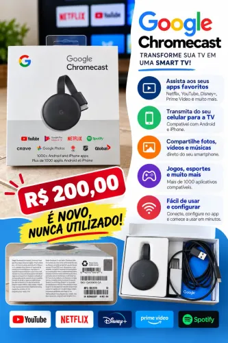 Google Chromecast Original - Novo, Nunca Usado, na Caixa - R$ 200