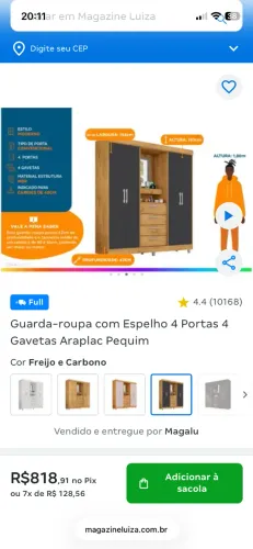 Guarda-roupa com Espelho 4 Portas 4 Gavetas Araplac Pequim