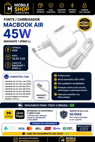 Carregador MacBook Air 45W MagSafe 1 (Pino L)<br>
