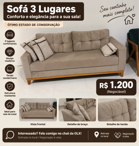 Sofá 3 Lugares em Suede Bege - Excelente Estado