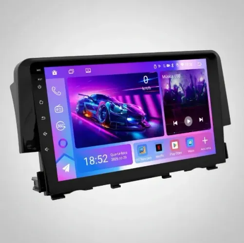 Central Multimídia Octacore 9 Pol. 6Gb/128Gb 4G Carplay Civic G10 2016 a 2021