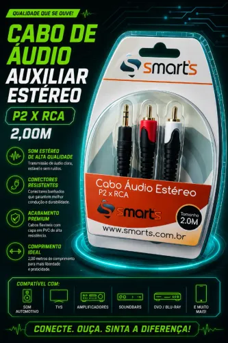 Cabo de Áudio Auxiliar Estéreo SMARTS P2 X RCA 2,00M