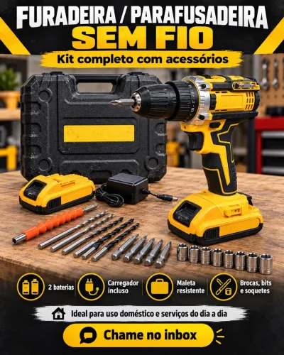 Furadeira Parafusadeira Sem Fio + Kit Completo