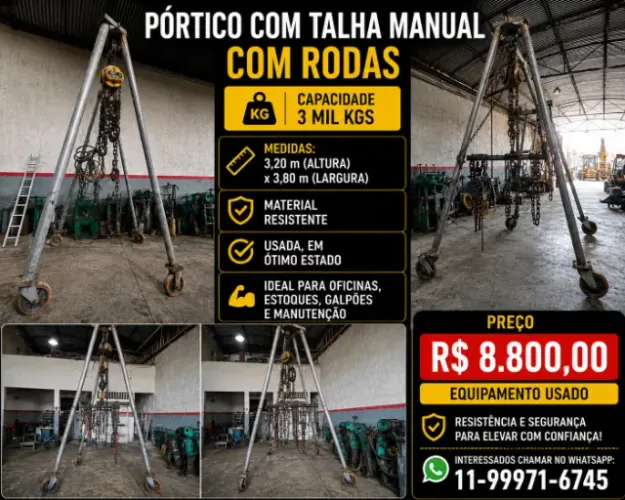 PÓRTICO COM TALHA MANULA DE 3 MIL KGS C/ RODAS 3,80 l X 3,20 aLT