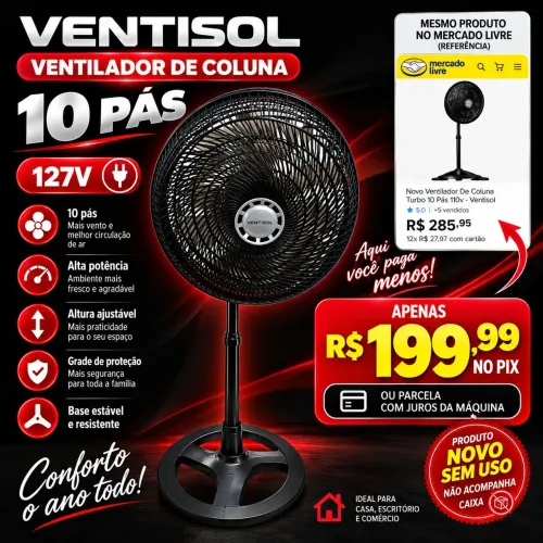 Ventilador Ventisol de Coluna - 10 pás | 127V